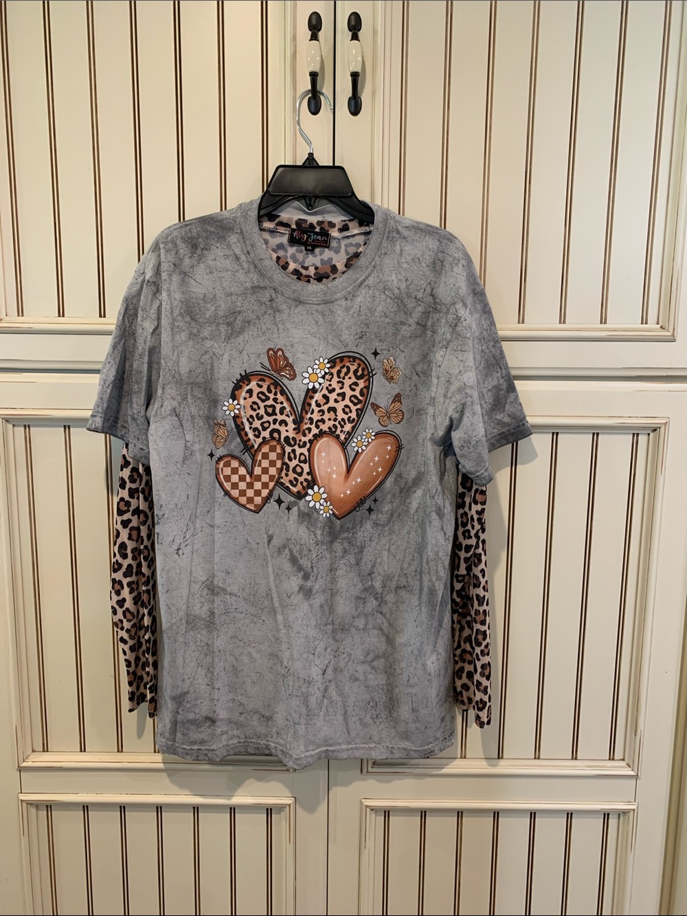 Girls Gray Leopard Heart Layered-Look Top